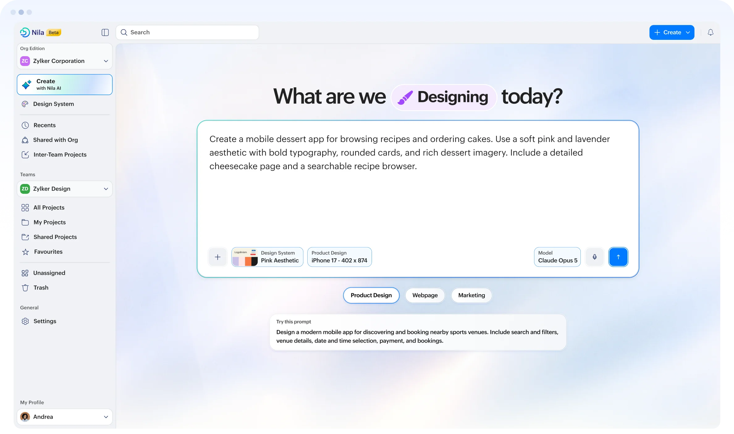 Nila AI chat panel alongside the design canvas in the Nila editor