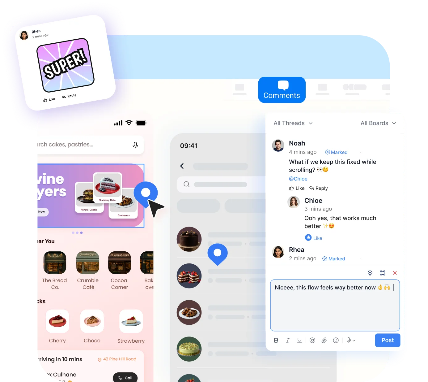 Comment threads pinned to a bakery app design in the Nila web app